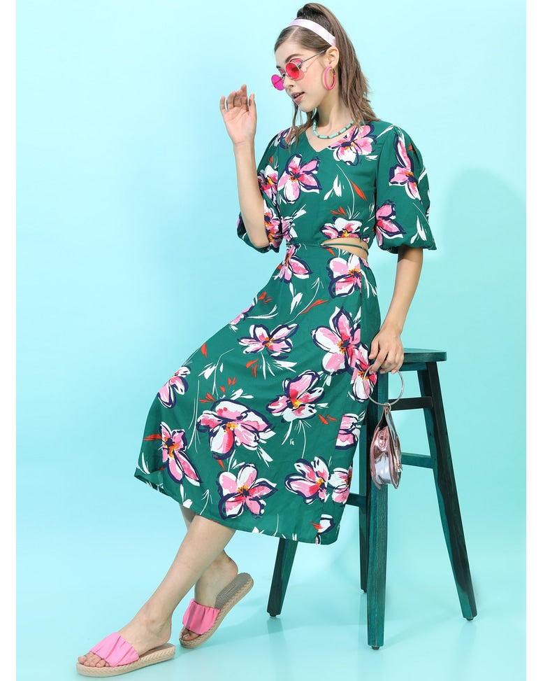 Green Polyester Printed A-line Dress