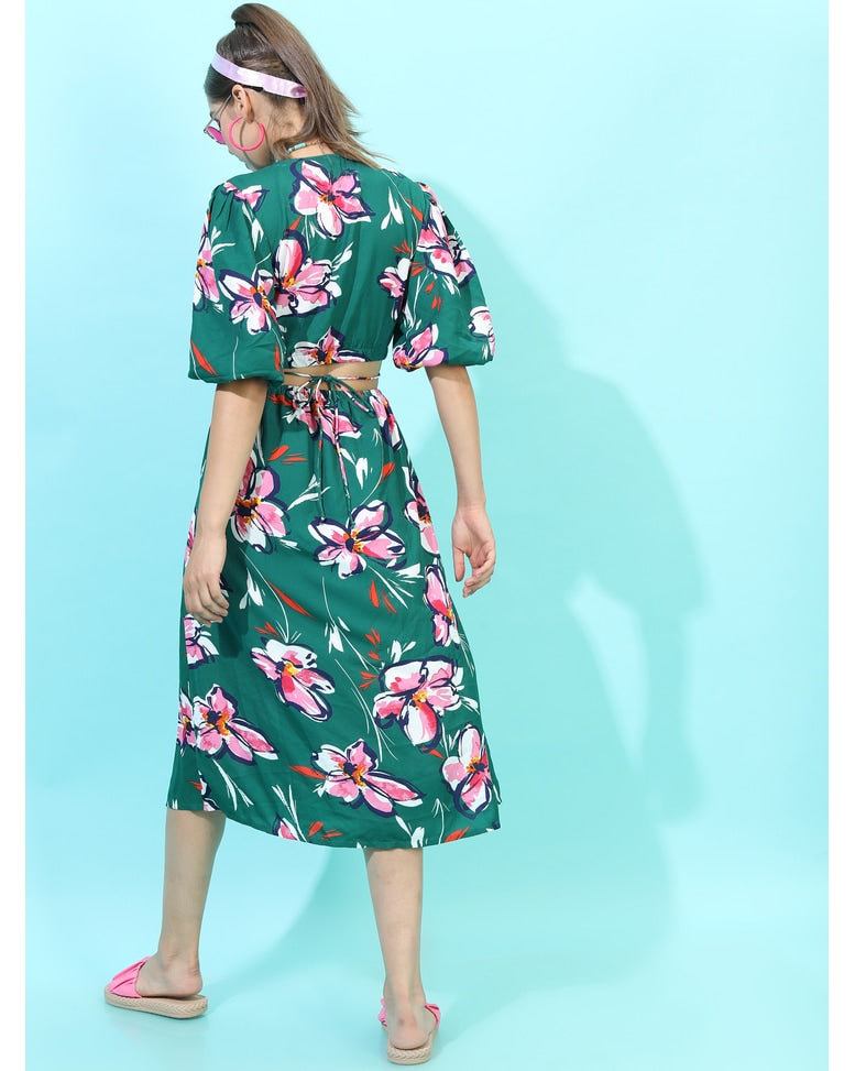 Green Polyester Printed A-line Dress