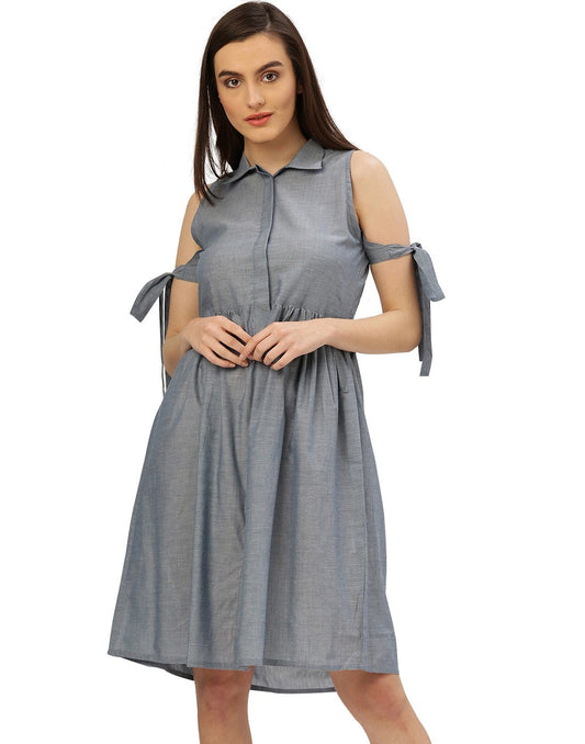 Women's A-Line Blue Solid Cotton Handloom Cold Shoulder Dress