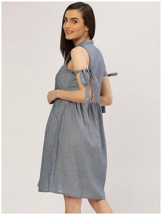 Women's A-Line Blue Solid Cotton Handloom Cold Shoulder Dress