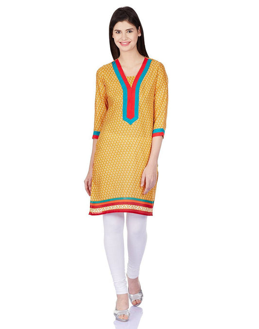 Women Pure Cotton Printed 3/4th Sleeves Mustard Kurti