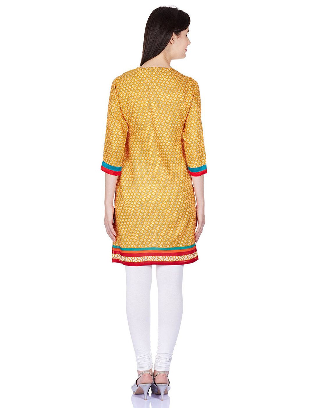 Women Pure Cotton Printed 3/4th Sleeves Mustard Kurti