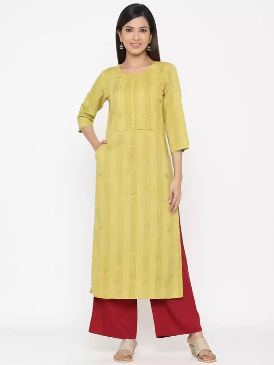 Green Embroidered Straight Blended Kurta