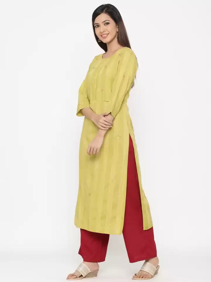 Green Embroidered Straight Blended Kurta