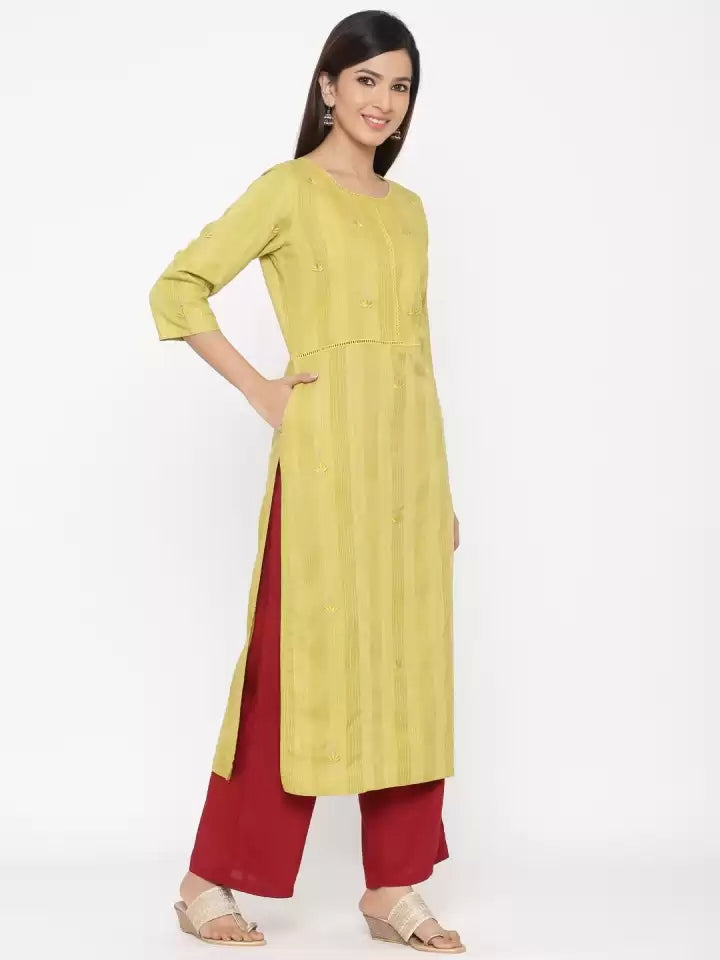 Green Embroidered Straight Blended Kurta