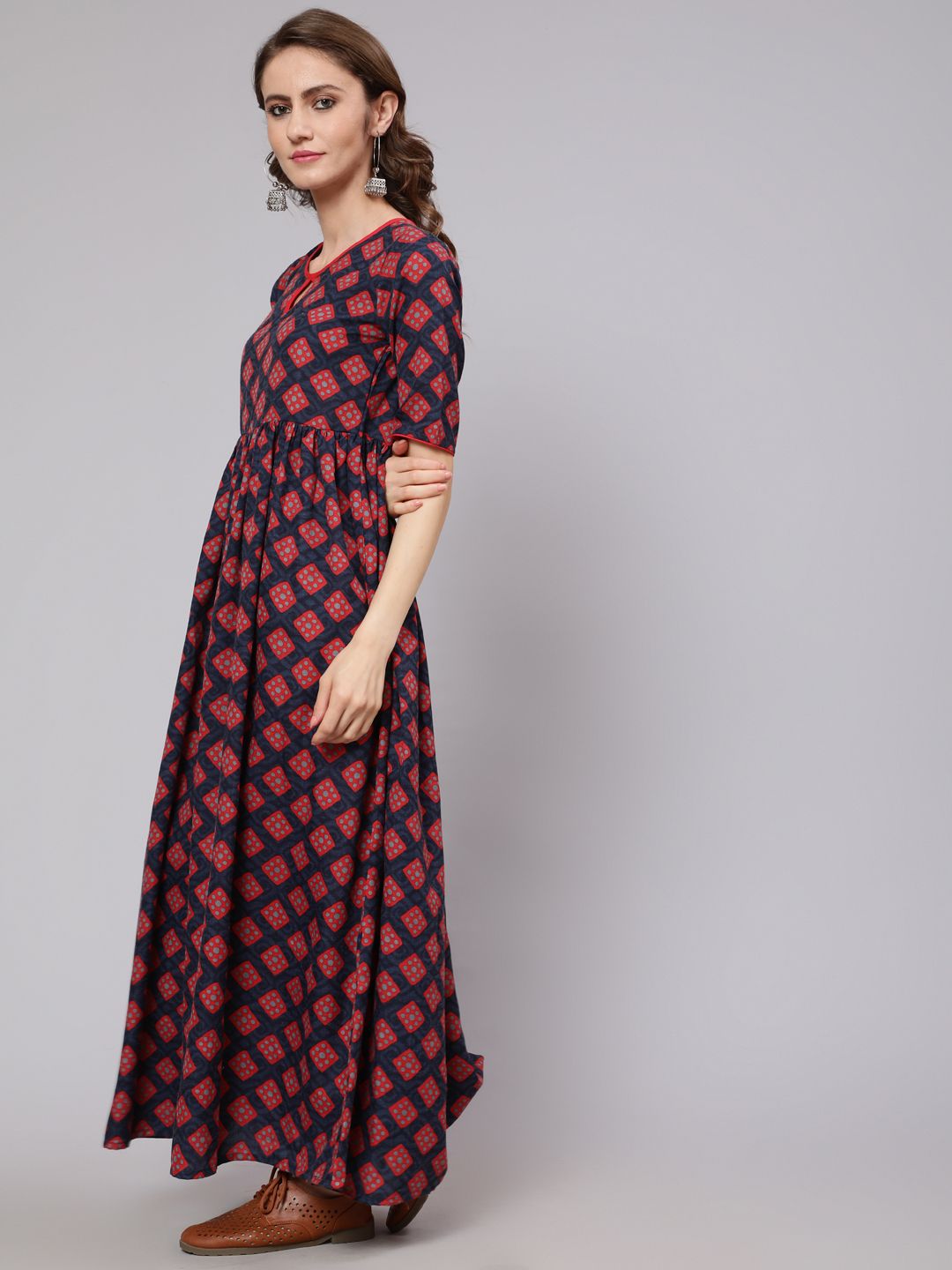 Maroon & Blue Printed Gathered Dress