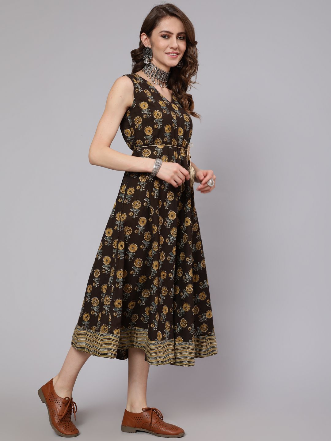 Olive & Grey Printed A-Line Dress