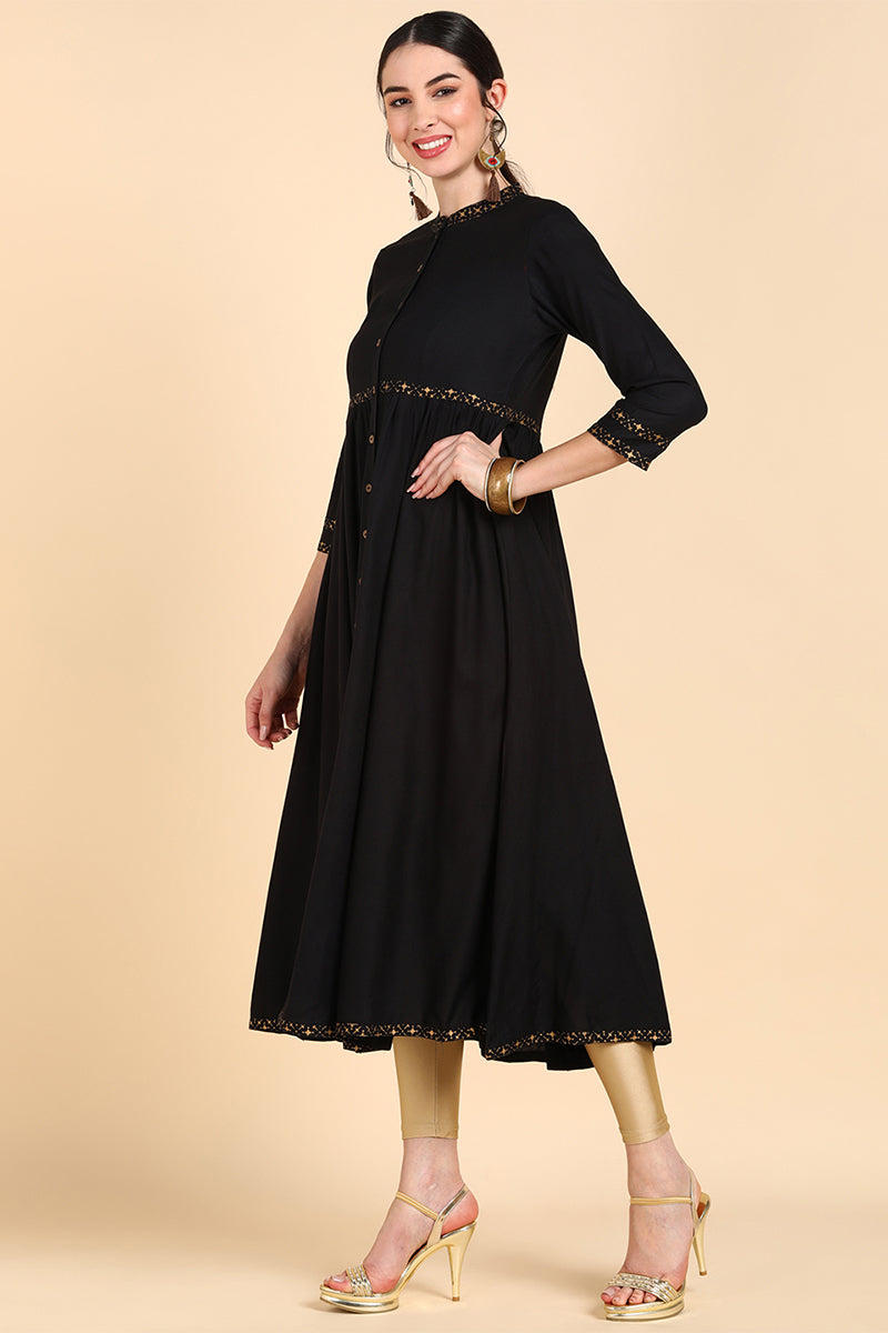 Women Black Cold Shoulder Sleeves Anarkali Kurta