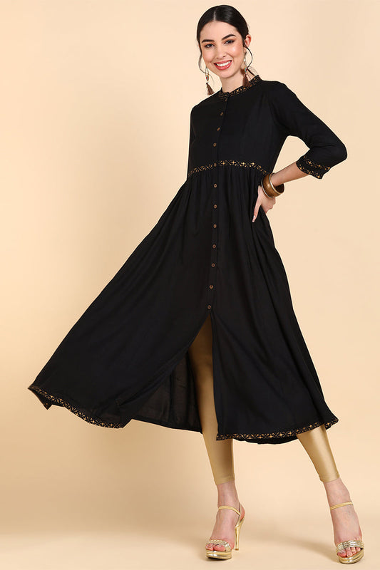 Women Black Cold Shoulder Sleeves Anarkali Kurta