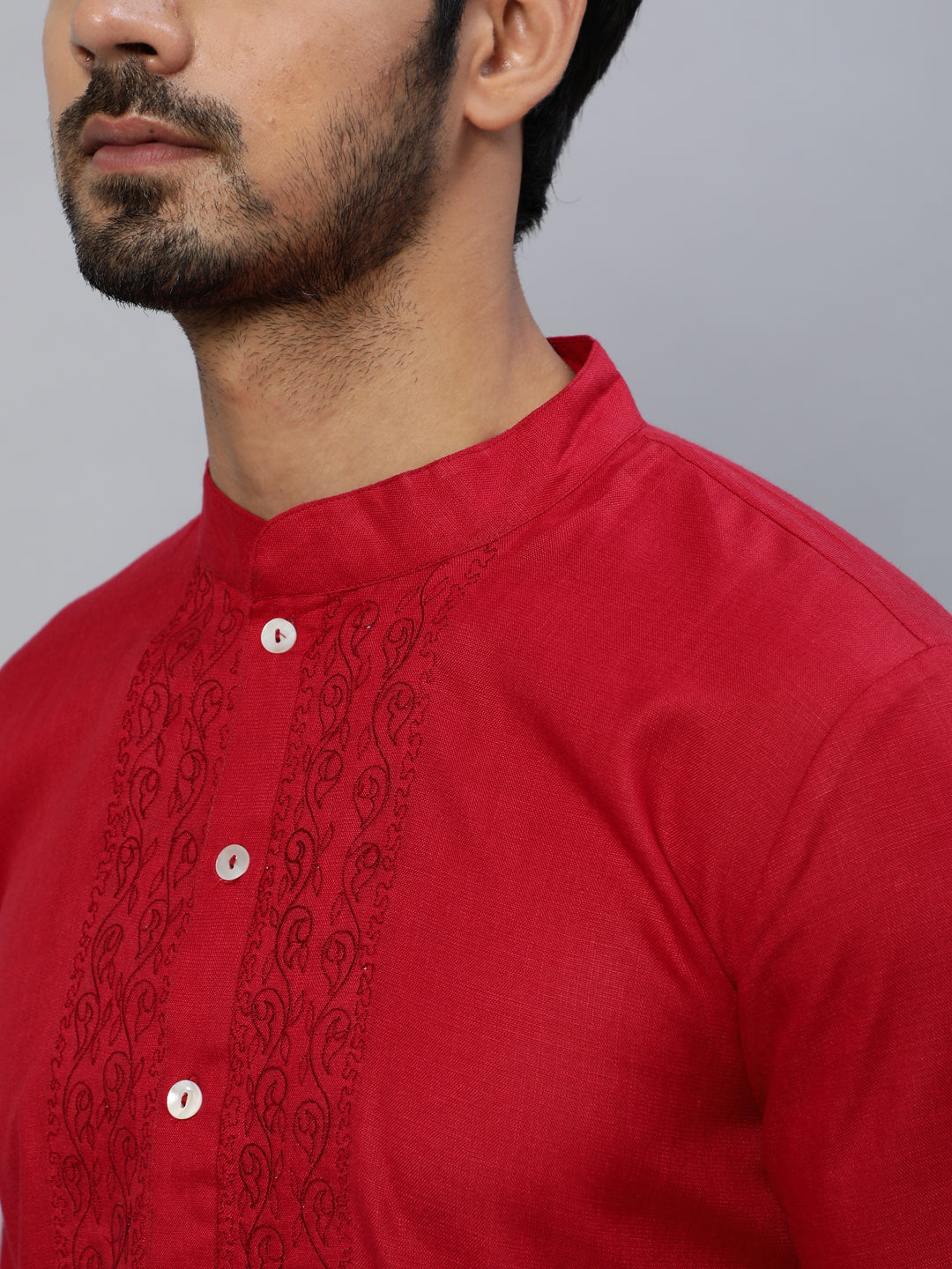 Maroon Solid Kurta With Yoke Embroidered Details