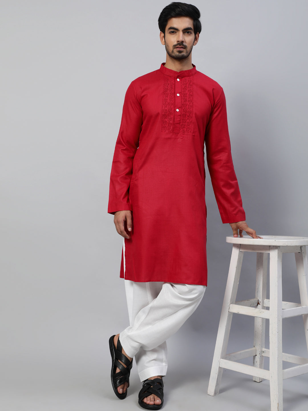 Maroon Solid Kurta With Yoke Embroidered Details