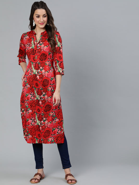 Red Floral Printed Straight Kurta