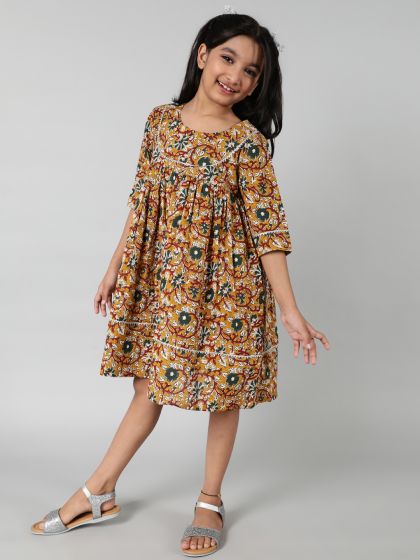 Kids - Mustard & Maroon Printed Dress