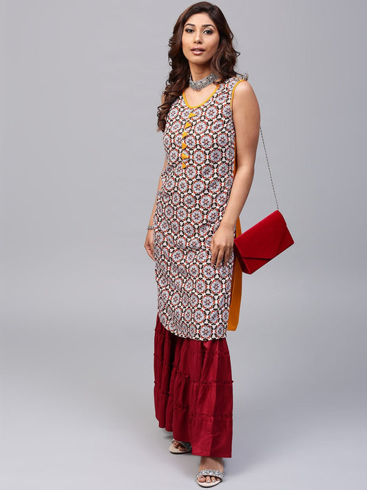 White & Yellow Printed Sleeveless Kurta